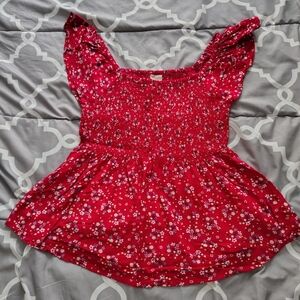 Japna Women's Medium Red Floral Print Peplum Flutter Sleeve Smocked Top